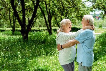 Fototapeta premium happy retired man hugging senior wife in green park