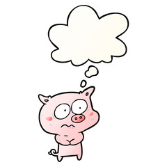 cartoon nervous pig and thought bubble in smooth gradient style