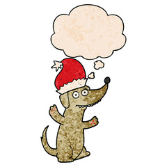 cute christmas cartoon dog and thought bubble in grunge texture pattern style