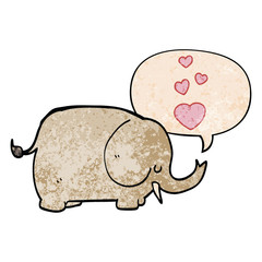 cute cartoon elephant and love hearts and speech bubble in retro texture style