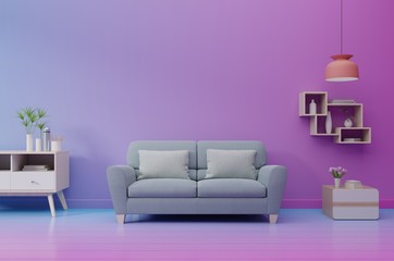 Modern living room interior with sofa and green plants,lamp,table on Glowing wall background. 3d rendering