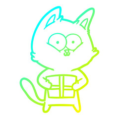 cold gradient line drawing cartoon cat holding christmas present