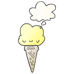 cartoon ice cream with face and thought bubble in smooth gradient style