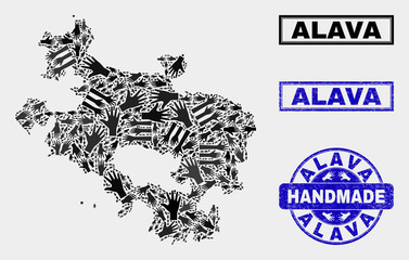 Vector handmade combination of Alava Province map and scratched watermarks. Mosaic Alava Province map is composed with scattered hands. Blue watermarks with distress rubber texture.