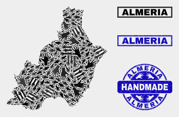 Vector handmade composition of Almeria Province map and rubber stamp seals. Mosaic Almeria Province map is made of scattered hands. Blue stamp imprints with grunge rubber texture.