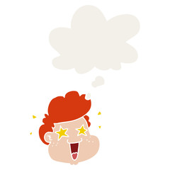 cartoon boy's face and thought bubble in retro style