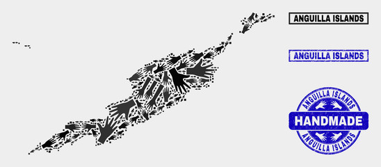 Vector handmade composition of Anguilla Islands map and corroded seals. Mosaic Anguilla Islands map is designed of scattered hands. Blue watermarks with corroded rubber texture.