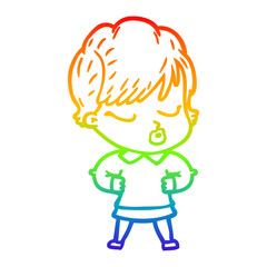 rainbow gradient line drawing cartoon woman with eyes shut