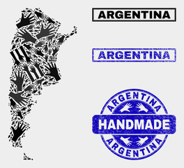 Vector handmade composition of Argentina map and corroded seals. Mosaic Argentina map is done with randomized hands. Blue seals with corroded rubber texture.