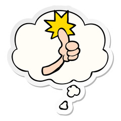 cartoon thumbs up sign and thought bubble as a printed sticker