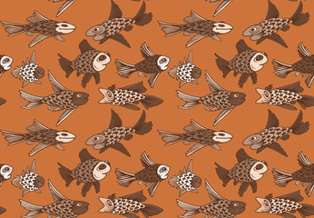 Ornament with fish. Seamless woven pattern. Design print for textile, fabric, wallpaper, background.	