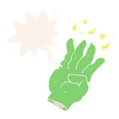 cartoon spooky magic hand and speech bubble in retro style