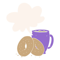 cartoon coffee and donuts and speech bubble in retro style