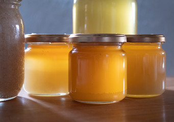 Jars of different honey varieties