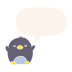 cute cartoon penguin and speech bubble in retro style