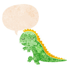 cartoon dinosaur and speech bubble in retro textured style