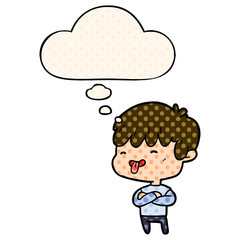 cartoon boy sticking out tongue and thought bubble in comic book style