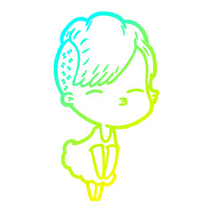 cold gradient line drawing cartoon squinting girl in dress