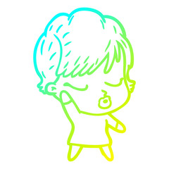 cold gradient line drawing cartoon woman with eyes shut