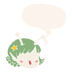cartoon alien space girl face and speech bubble in retro style