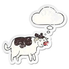 cartoon cow and thought bubble as a distressed worn sticker