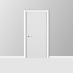 Vector Realistic 3d Simple Modern White Closed Door with Frame on Grey Wall in the Empty Room. Interior Design Element. Design Template for Graphics