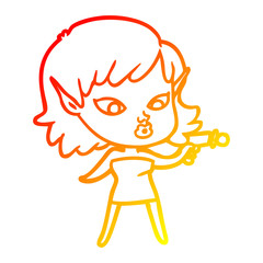 warm gradient line drawing pretty cartoon girl with ray gun