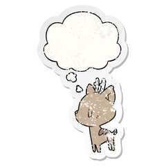 cartoon deer and thought bubble as a distressed worn sticker