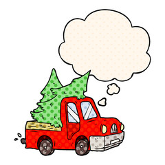 cartoon pickup truck carrying trees and thought bubble in comic book style
