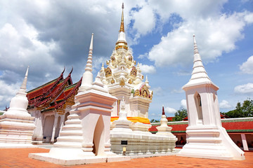 The white pagoda for remains relics of Buddha at Wat Phra Borommathat Chaiya Ratcha Worawihan, Surat Thani, Thailand. Built in Srivijaya era, one of most famous Buddhist temple in southern Thailand