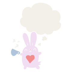 cute cartoon rabbit with love heart and coffee cup and thought bubble in retro style