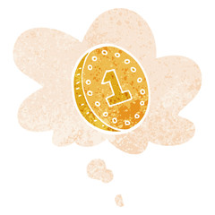 cartoon coin and thought bubble in retro textured style