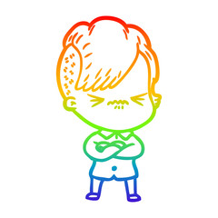 rainbow gradient line drawing cartoon annoyed hipster girl