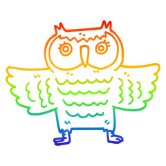 rainbow gradient line drawing cartoon owl with flapping wings