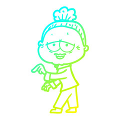 cold gradient line drawing cartoon happy old lady
