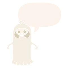 cartoon spooky skull ghost and speech bubble in retro style