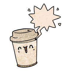cartoon take out coffee and speech bubble in retro texture style
