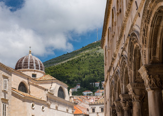 Dome on St Blaise church with Rector's palace entrance in the old town of Dubrovnik in Croatia