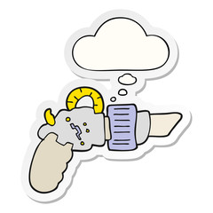 cartoon ray gun and thought bubble as a printed sticker