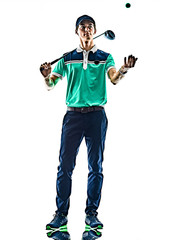 one young caucasian Man Golf golfer golfing isolated on white background