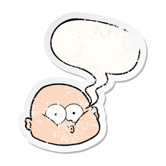 cartoon curious bald man and speech bubble distressed sticker
