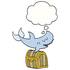 cartoon shark swimming over treasure chest and thought bubble