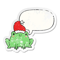 cute cartoon christmas frog and speech bubble distressed sticker