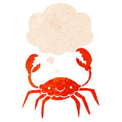 cartoon crab and thought bubble in retro textured style