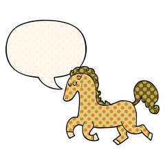 cartoon horse running and speech bubble in comic book style
