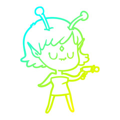 cold gradient line drawing cartoon alien girl with ray gun
