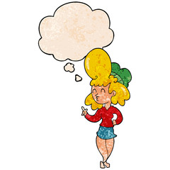 cartoon woman with big hair and thought bubble in grunge texture pattern style