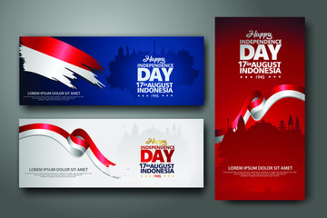 Indonesian Independence day celebration banner set. 17th of August felicitation greeting vector illustration. modern backgrounds with grunge style indonesian flag and silhouette icon city of indonesia
