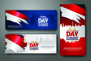 Obraz na płótnie Canvas Indonesian Independence day celebration banner set. 17th of August felicitation greeting vector illustration. modern backgrounds with grunge style indonesian flag and silhouette icon city of indonesia