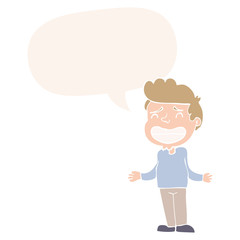 cartoon boy shrugging and speech bubble in retro style